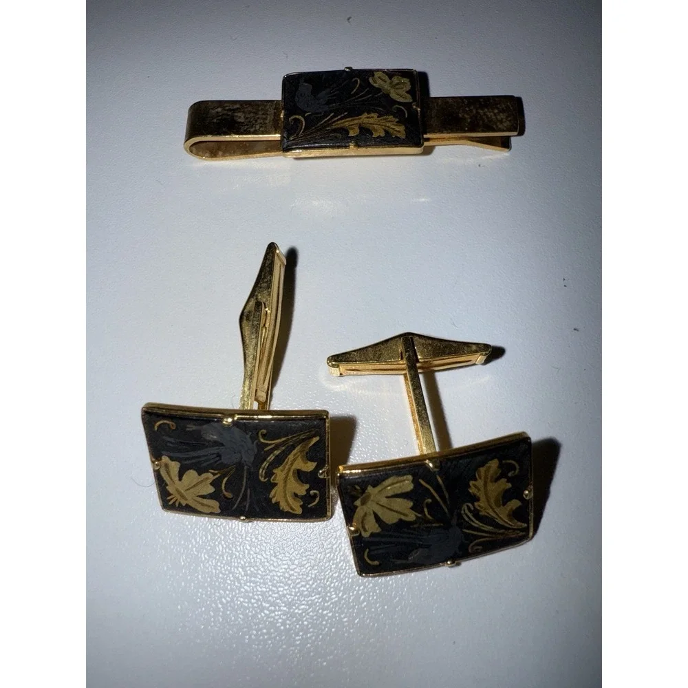 Vintage Mens Cufflinks & Tie Clasp Set - BIRDS & FLORAL DAMASCENE Toledo Spain ?